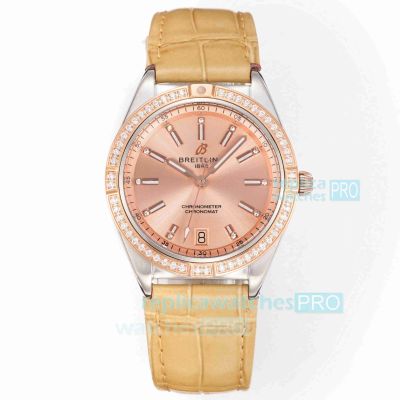 Swiss Replica Breitling Chronometer Automatic 36 South Sea Salmon Dial Diamond Ladies Watch 